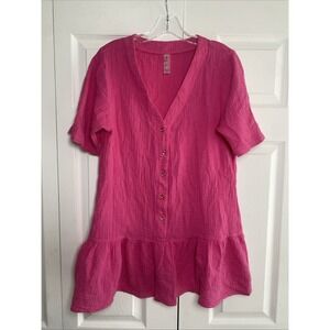 Raisins Womens Medium Pink Mini Dress Gauzy V Neck Buttons Vacation Cruise